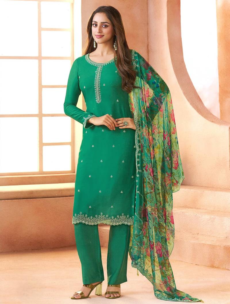Teal green heavy chiffon semi-stitched suit with beads work & digital print dupatta – premium ethnic wear
