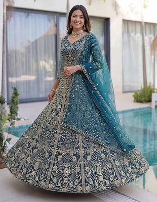 BLUE COLOR Butterfly Net Lehenga Choli with Sequins & Cording Embroidery   Bridal & Party Wear Set with Dupatta 1