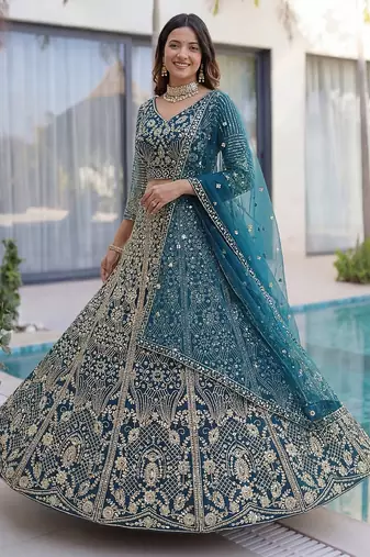 BLUE COLOR  Butterfly Net Lehenga Choli with Sequins & Cording Embroidery – Bridal & Party Wear Set with Dupatta