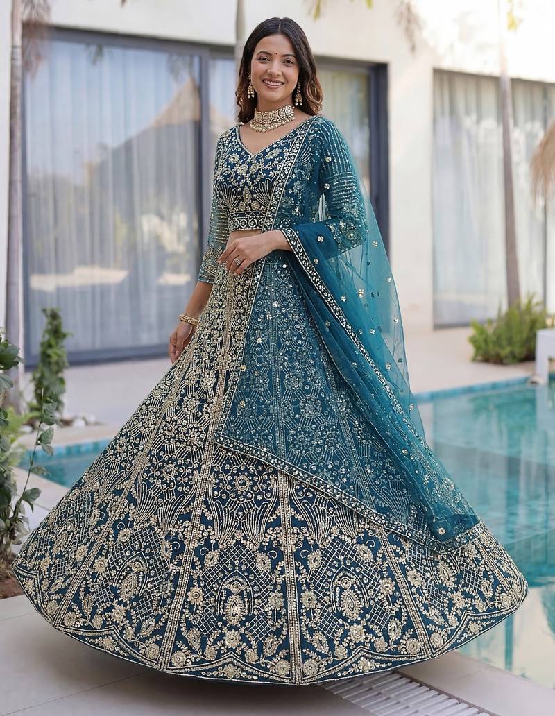 BLUE COLOR  Butterfly Net Lehenga Choli with Sequins & Cording Embroidery – Bridal & Party Wear Set with Dupatta