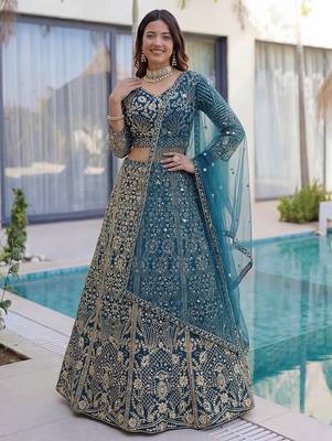 BLUE COLOR Butterfly Net Lehenga Choli with Sequins & Cording Embroidery   Bridal & Party Wear Set with Dupatta 2