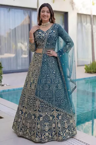 BLUE COLOR  Butterfly Net Lehenga Choli with Sequins & Cording Embroidery     Bridal & Party Wear Set with Dupatta