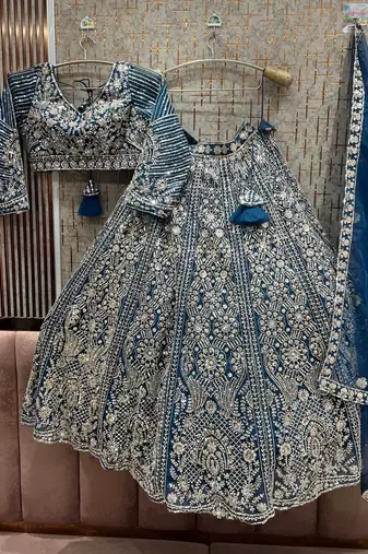 BLUE COLOR  Butterfly Net Lehenga Choli with Sequins & Cording Embroidery     Bridal & Party Wear Set with Dupatta