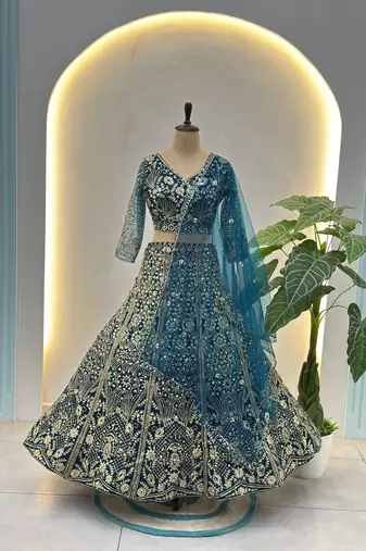 BLUE COLOR  Butterfly Net Lehenga Choli with Sequins & Cording Embroidery     Bridal & Party Wear Set with Dupatta