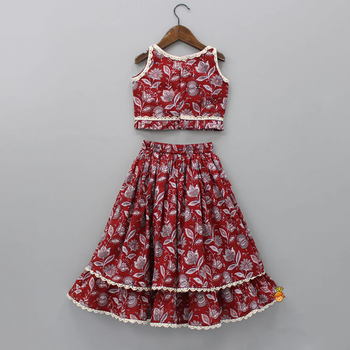 Red & white floral print with lace border detailing sleeveless crop top flared lehenga girls ethnic kids lehenga choli 1