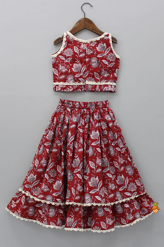Red & white floral print with lace border detailing sleeveless crop top flared lehenga girls ethnic kids lehenga choli