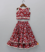 Red & white floral print with lace border detailing sleeveless crop top flared lehenga girls ethnic kids lehenga choli