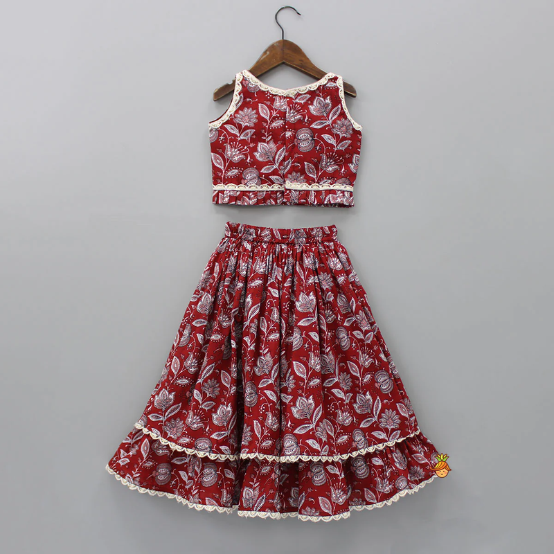 Red & white floral print with lace border detailing sleeveless crop top flared lehenga girls ethnic kids lehenga choli