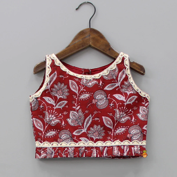 Red & white floral print with lace border detailing sleeveless crop top flared lehenga girls ethnic kids lehenga choli 2