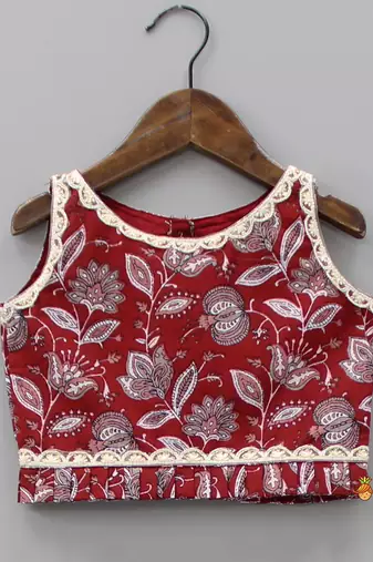 Red & white floral print with lace border detailing sleeveless crop top flared lehenga girls ethnic kids lehenga choli
