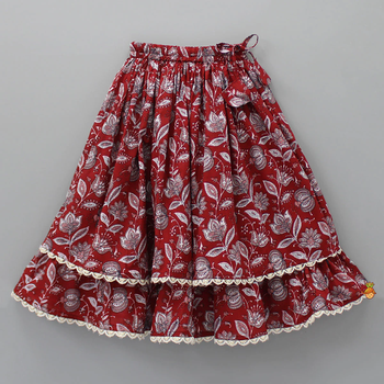 Red & white floral print with lace border detailing sleeveless crop top flared lehenga girls ethnic kids lehenga choli 3