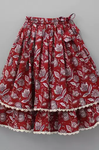 Red & white floral print with lace border detailing sleeveless crop top flared lehenga girls ethnic kids lehenga choli