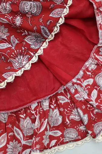 Red & white floral print with lace border detailing sleeveless crop top flared lehenga girls ethnic kids lehenga choli