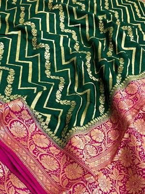 Banarasi puresilk munga saree in bottle green colour with floral zari work 2