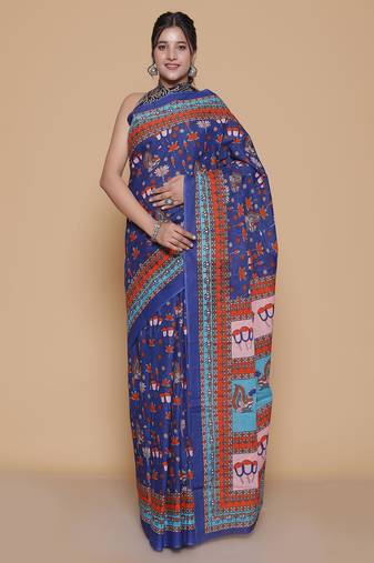 Kalamkari printed pure cotton ethnic blue saree for woman