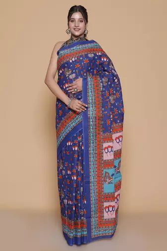 Kalamkari printed pure cotton ethnic blue saree for woman