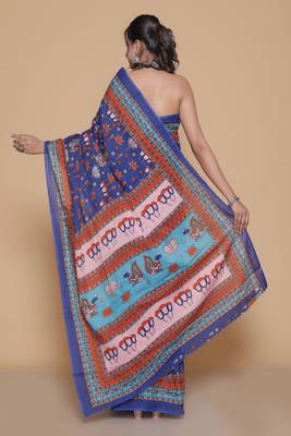 Kalamkari printed cotton ethnic blue saree for woman 2