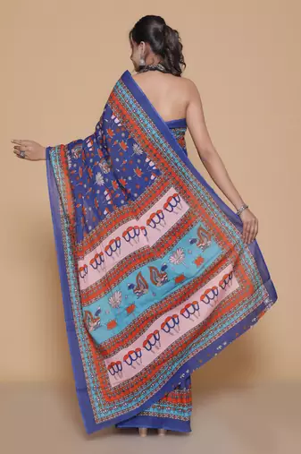 Kalamkari printed  cotton ethnic blue saree for woman