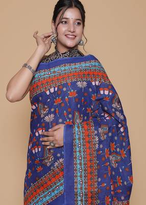 Kalamkari printed cotton ethnic blue saree for woman 3