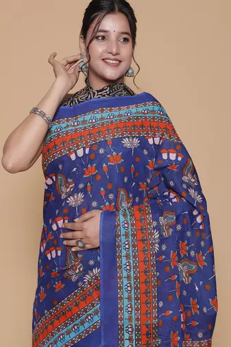 Kalamkari printed  cotton ethnic blue saree for woman