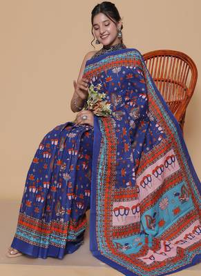Kalamkari printed cotton ethnic blue saree for woman 4