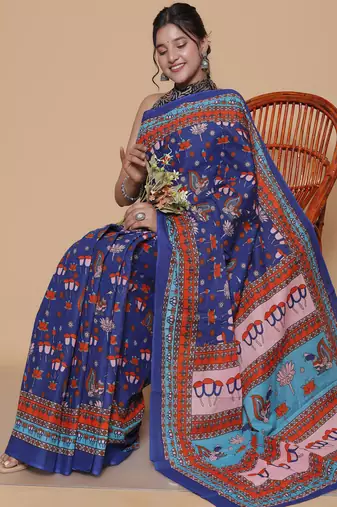 Kalamkari printed  cotton ethnic blue saree for woman