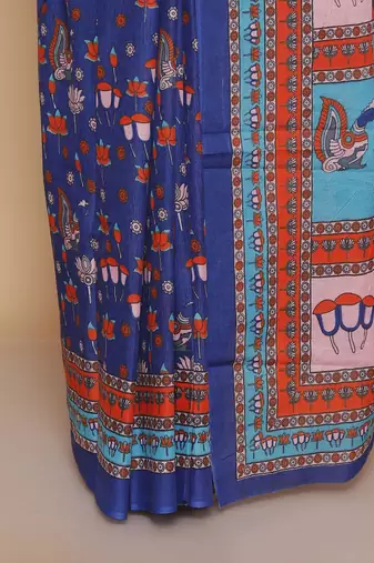 Kalamkari printed  cotton ethnic blue saree for woman