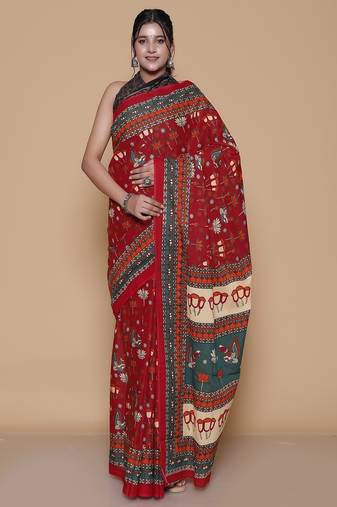 Kalamkari printed pure cotton ethnic red saree for woman