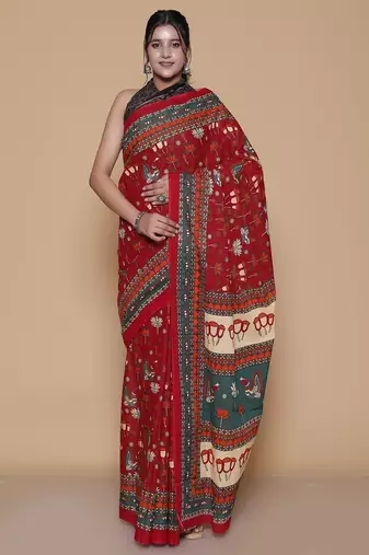 Kalamkari printed pure cotton ethnic red saree for woman