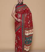 Kalamkari printed  cotton ethnic red saree for woman
