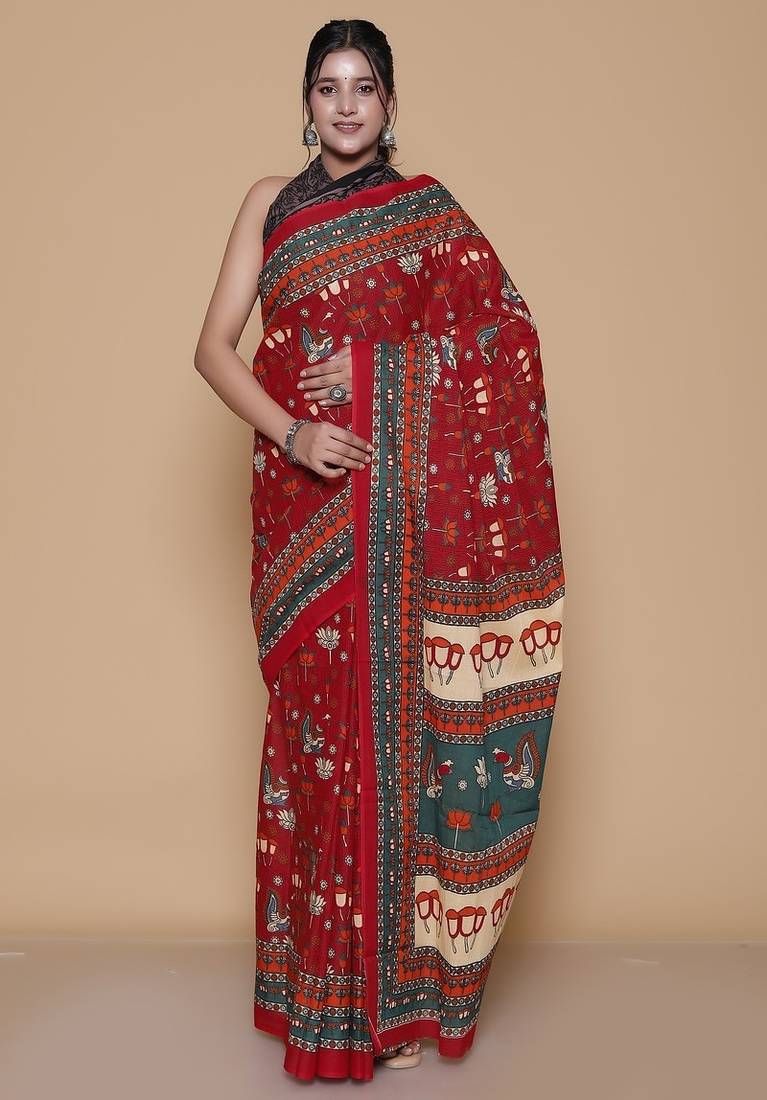 Kalamkari printed pure cotton ethnic red saree for woman