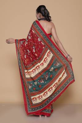 Kalamkari printed  cotton ethnic red saree for woman 2