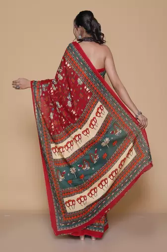 Kalamkari printed  cotton ethnic red saree for woman