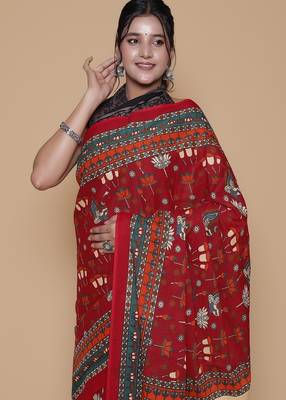 Kalamkari printed  cotton ethnic red saree for woman 3
