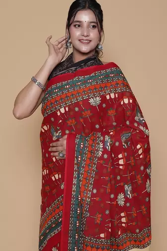 Kalamkari printed  cotton ethnic red saree for woman