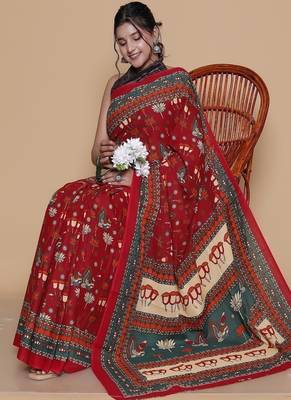 Kalamkari printed  cotton ethnic red saree for woman 4