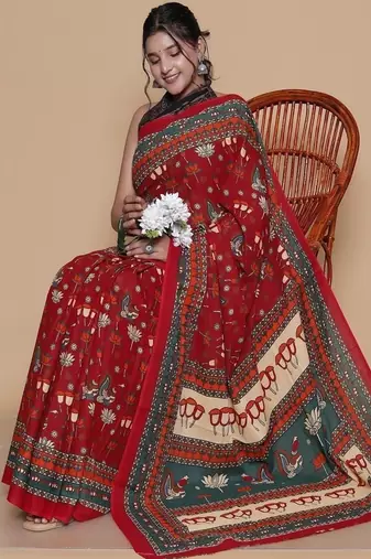 Kalamkari printed  cotton ethnic red saree for woman