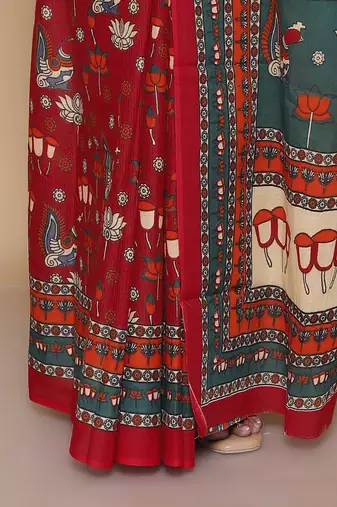 Kalamkari printed  cotton ethnic red saree for woman