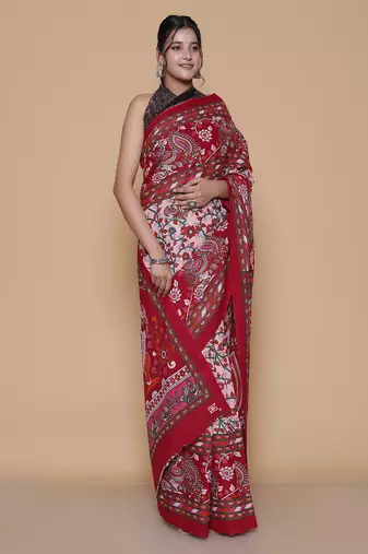 Kalamkari printed pure cotton ethnic red saree for woman