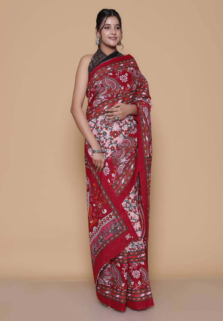 Kalamkari printed pure cotton ethnic red saree for woman