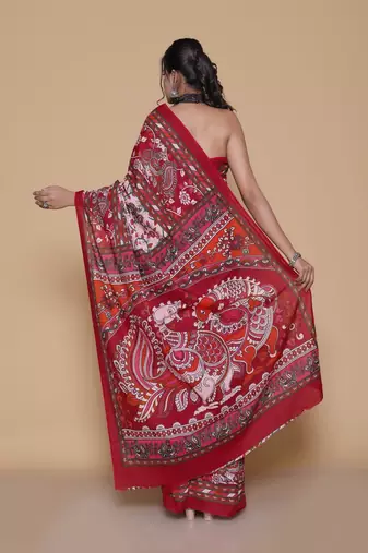 Kalamkari printed  cotton ethnic red saree for woman