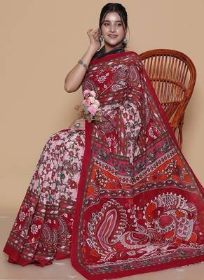 Kalamkari printed  cotton ethnic red saree for woman 4