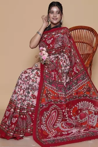 Kalamkari printed  cotton ethnic red saree for woman