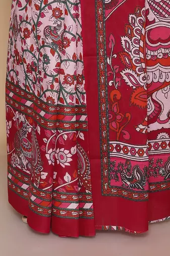 Kalamkari printed  cotton ethnic red saree for woman