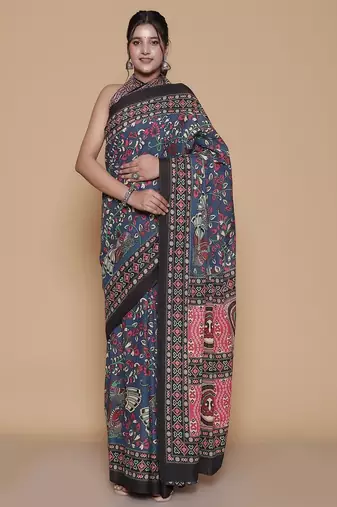 Kalamkari printed pure cotton ethnic blue saree for woman