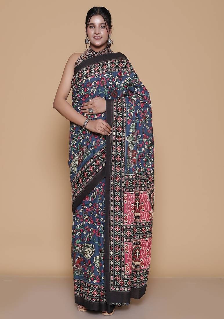 Kalamkari printed pure cotton ethnic blue saree for woman