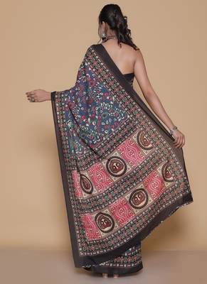 Kalamkari printed  cotton ethnic blue saree for woman 2