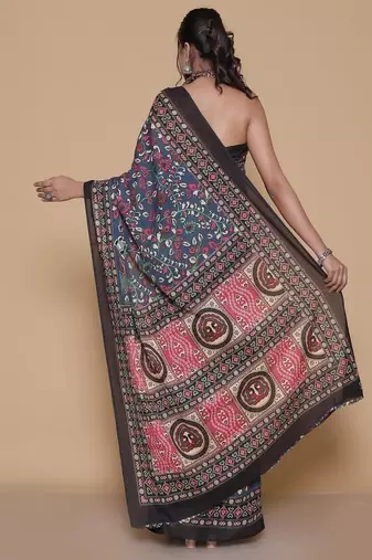 Kalamkari printed  cotton ethnic blue saree for woman