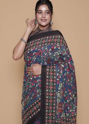 Kalamkari printed  cotton ethnic blue saree for woman 3