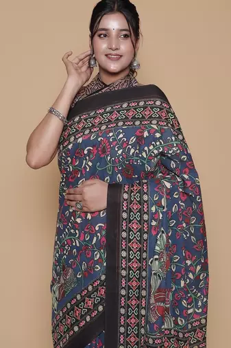 Kalamkari printed  cotton ethnic blue saree for woman